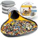 Creative QT SlideAway Toy Storage Organizer & Extra Large 52" Play Mat, Collapsible Storage Bins for Building Bricks, Small Blocks, Toys, Drawstring Cleanup for Kids Playroom & Classroom, Grey Stripes