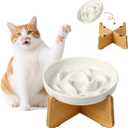 Elevated Slow Feeder Cat Bowl - Ceramic Cat Food Dish with Anti-Slip Bamboo Stand - Whisker Friendly Feeding Bowl - Raised Maze Plate for Slow Down Eating - Ivory White