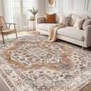 9x12 Washable Area Rug: Vintage Neutral Soft Non Slip Thin Large Floor Carpet for Living Room Bedroom Kitchen Dining Room Home Office Farmhouse Indoor - Brick Red