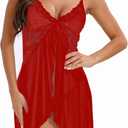 DIKFA Lingerie for Women Lace Babydoll Sleepwear V Neck Open Front Chemises Sexy Spaghetti Strap Nightgown (XXL)