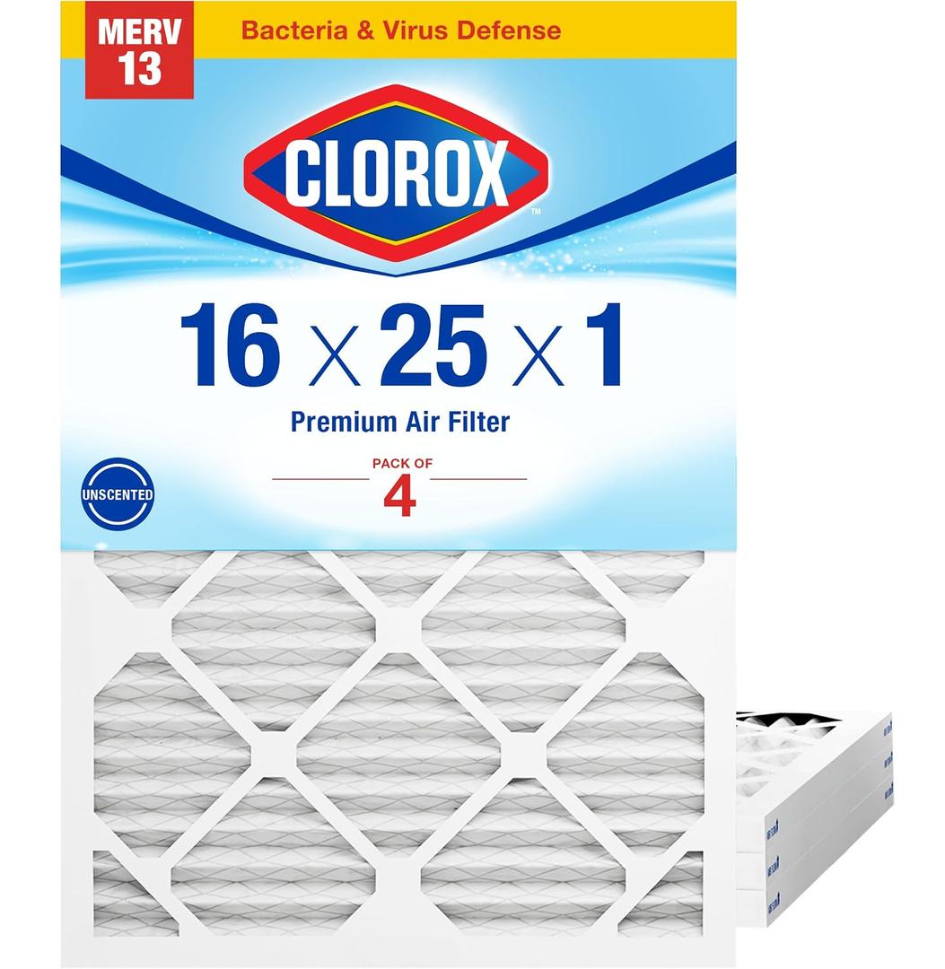 Clorox 16x25x1 Air Filter, MERV 13 Pleated HVAC AC Furnace Air Filters for Allergies, Pet Dander, Smoke and more, MPR 1500 & FPR 10 Pack of 4