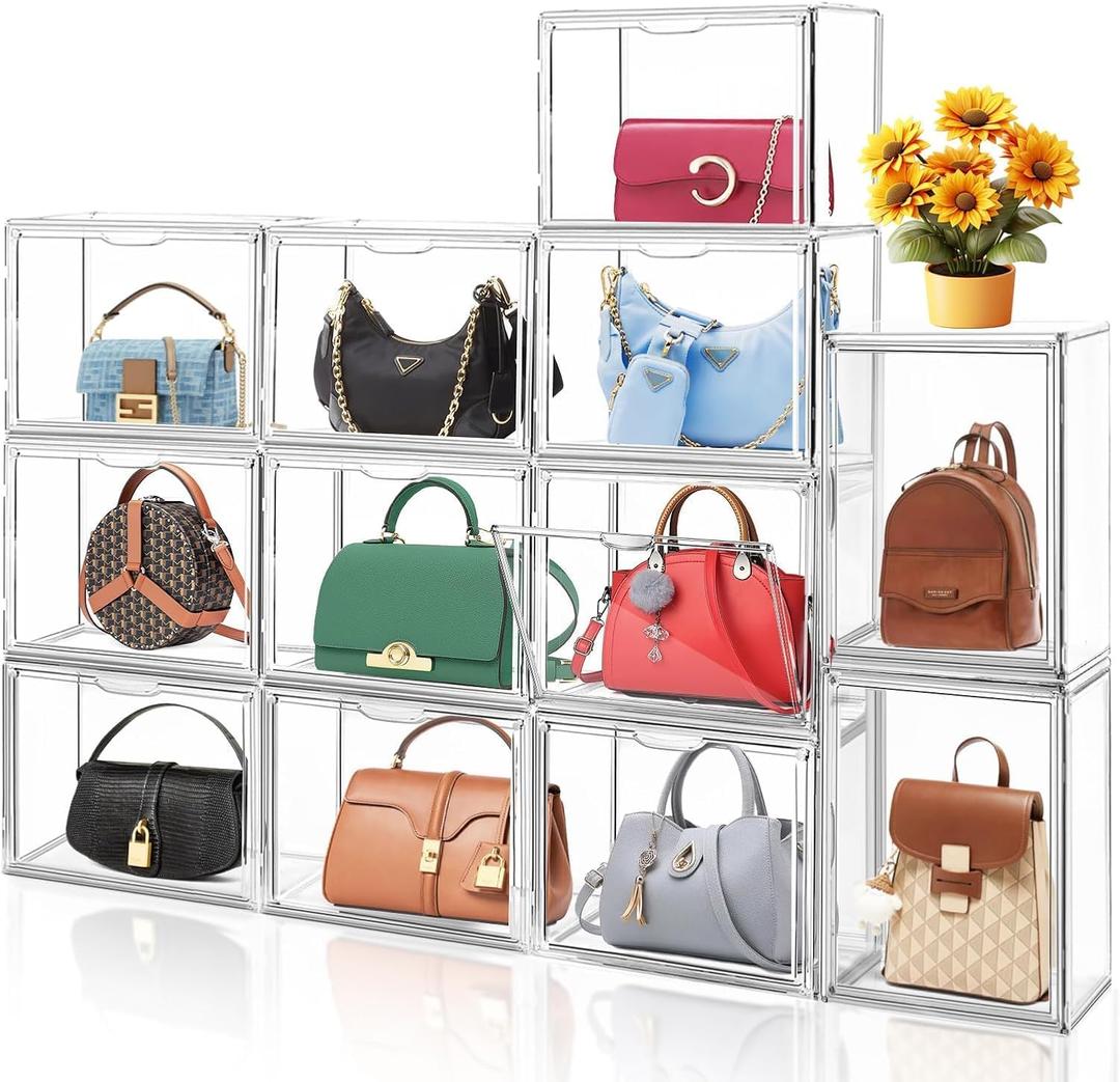 10 Pack X-Large Clear Stackable Plastic Storage Bins with Magnetic Lid, Acrylic Shoe Display Case for Book Cosmetic Figures Collectibles Showcase, Shoe Box Handbag Organizer,Size 14