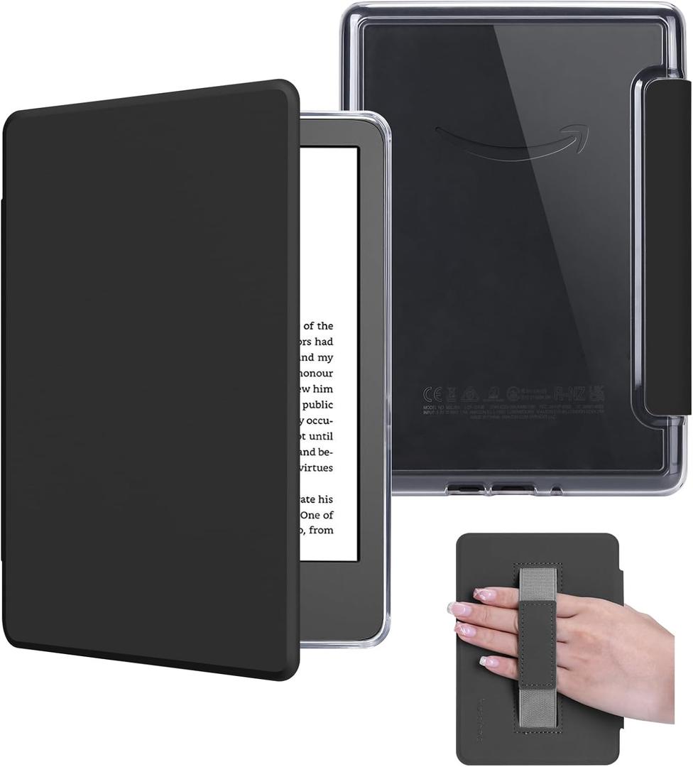 Case with Hand Strap for 6.8" Kindle Paperwhite 11th Generation 2021 and Kindle Paperwhite Signature Edition, PU Leather Cover, Transparent Hard Back Shell with Auto Sleep/Wake, Noble Black