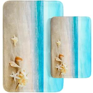 Britimes Beach Sea Shell Ocean Bathroom Rug Mat Set of 2, Summer Washable Cover Floor Rug Carpets Floor Bath Mat Bathroom Decorations 16x24 and 20x32 Inches