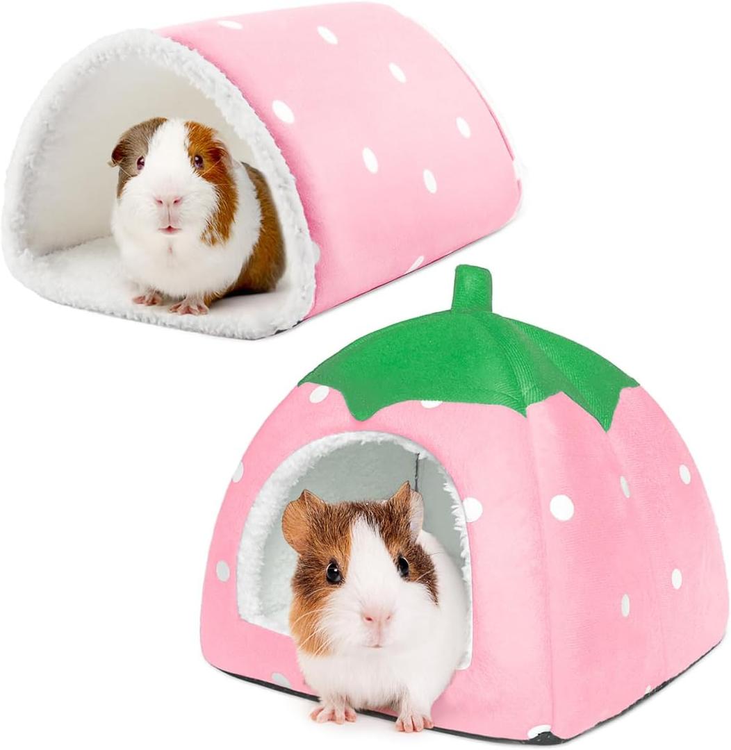 TiereCare Guinea Pig Hideout with Tunnel, Washable Chinchilla House Bed, Fleece Hideaway, Enrichment Toys, and Cage Accessories for Ferret Hedgehog Small Animal, Pink
