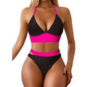 Women's Color Matching Sexy Two-Piece Swimsuit, Waist Cutout Bikini Set (Black), S