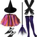 Seematn 6 Pcs Halloween Witch Costume Sets for Women, Purple Tutu Witch Accessories, Include Broom, Shoes Covers, Tutu Outfit, Hat, Gloves and Long Striped Stockings for Women Cosplay Party