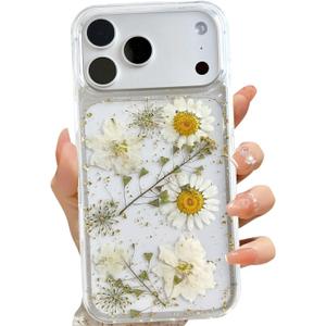 for iPhone 17 Pro Clear Case with Pressed Real Flowers Design,Glitter Cute White Floral Pattern Slim Soft TPU Protective Women Girl's Phone Cover for iPhone 17 Pro