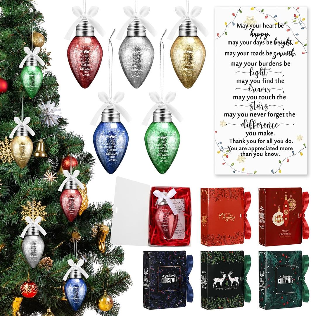 Riceshoot 15 Sets Employees Appreciation Gifts Christmas Lightbulb Ornament Bulk Plastic Colorful Bulbs with Bow Ribbon Inspirational Card in Gift Boxes for Christmas Tree Decor