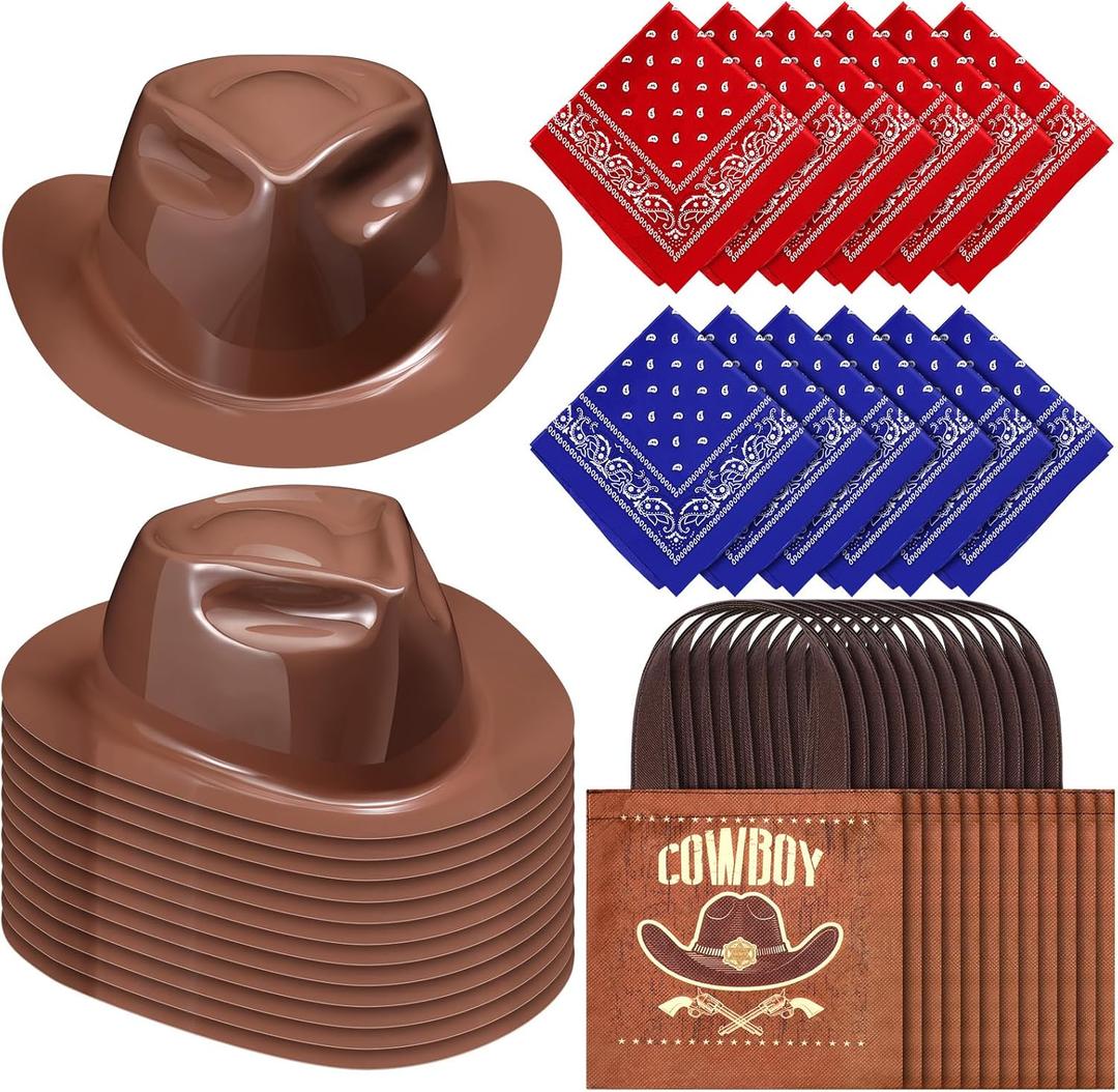 Geetery 36 Pcs Cowboy Hat Western Bandana Treat Bags Set Plastic Cowboy/Cowgirl Themed Party Hats Western Costume Accessories (Brown, Blue, Red)