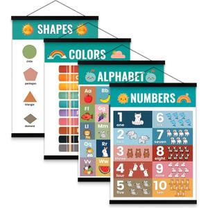 Benjia Boho Alphabet Numbers Color Shape poster hanger frame Set of 4, 12x16 inch for Boys Girls Preschool Educational Learning Poster Wall Decor Nursery Classroom Playroom Toddler Bedroom Kids room