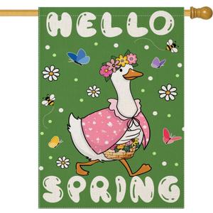 Hello Spring House Flags for Outdoor Decoration, Funny Goose with Flowers Large Yard Flag,Seasonal Decorative Decor for Holiday Summer Outside 28x40 Inch Vertical Double Sided