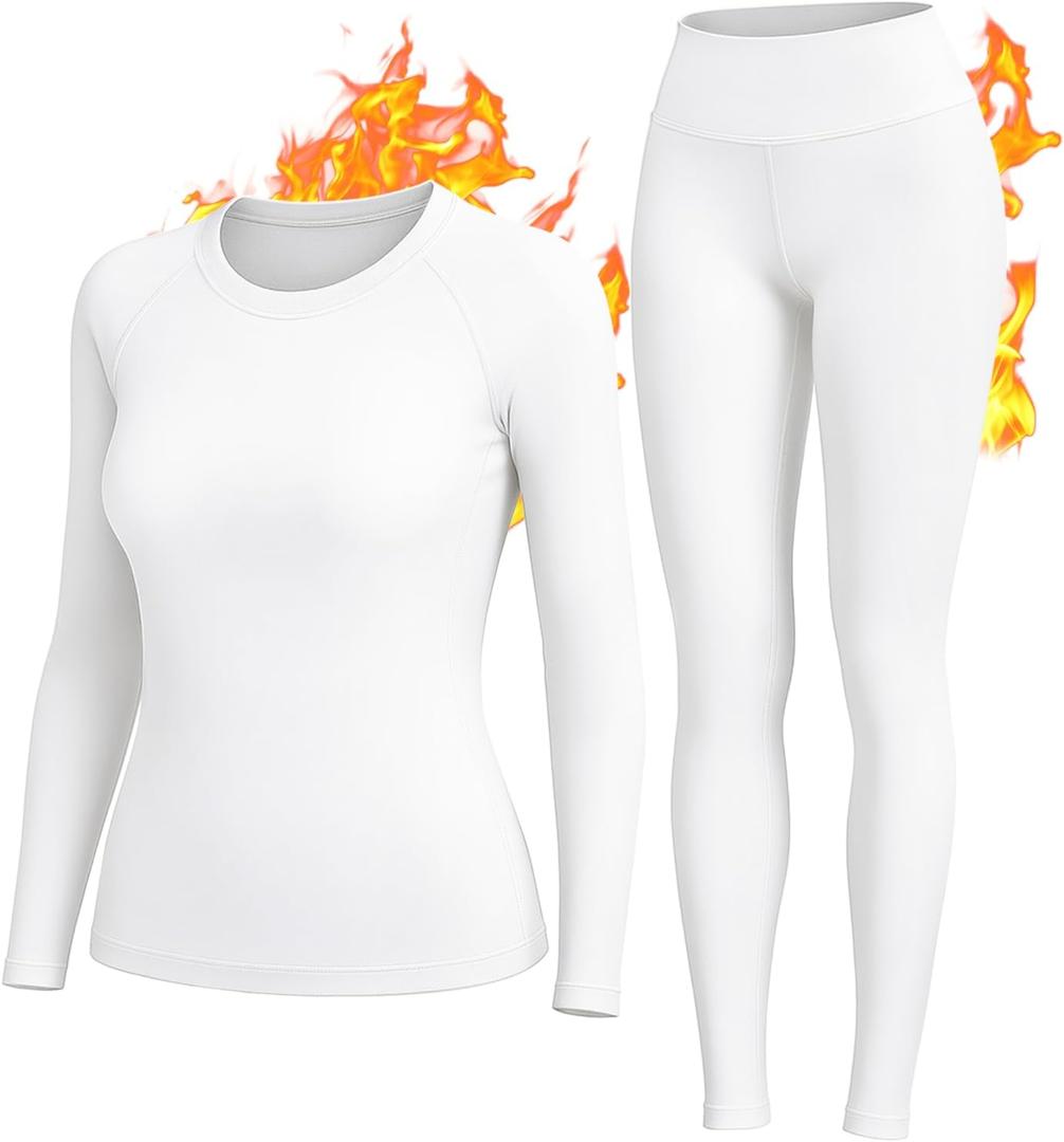 Thermal Underwear Women Long Johns Set Fleece Lined Warm Base Layer Long Sleeve for Weather Top Bottom Pajama (Large, White)