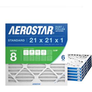 Aerostar 21x21x1 MERV 8 Pleated Air Filter, AC Furnace Air Filter, 6 Pack (Actual Size: 20 7/8" x 20 7/8" x 3/4")
