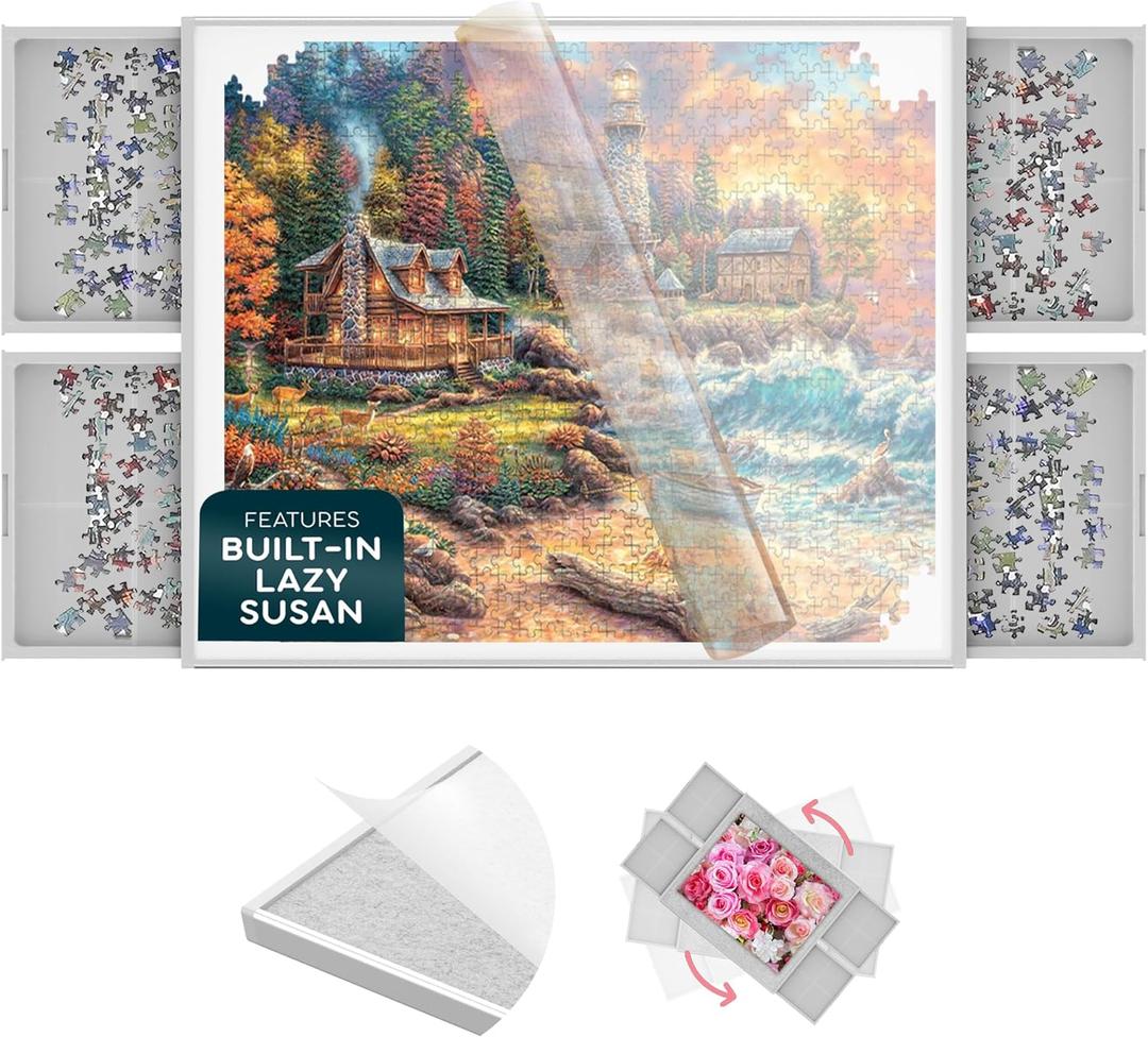 1500 Piece Jigsaw Puzzle Board - 360 Rotating Jigsaw Puzzle Table with Drawers | 35 X 28 Portable & Dual Sided Board | Plastic Cover Included - Puzzles Tables for Adults