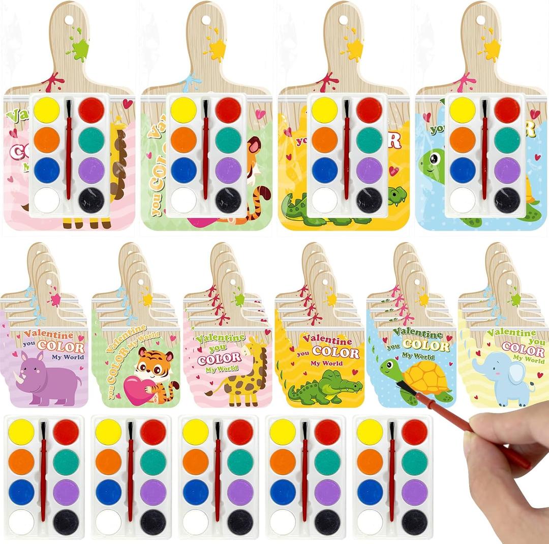 Pseutio 24 Packs Valentines Day Gifts for Kids Classroom with Watercolor Paint Set Valentines Cards for Kids Classroom School Valentine Gift Exchange