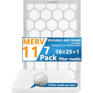 16x25x1 MERV 11 Air Filter,AC Furnace Air Filter,Reusable ABS Plastic Frame, 7 Pack Replaceable Filter Media (Actual Size: 15 3/4" x 24 3/4" x 3/4")