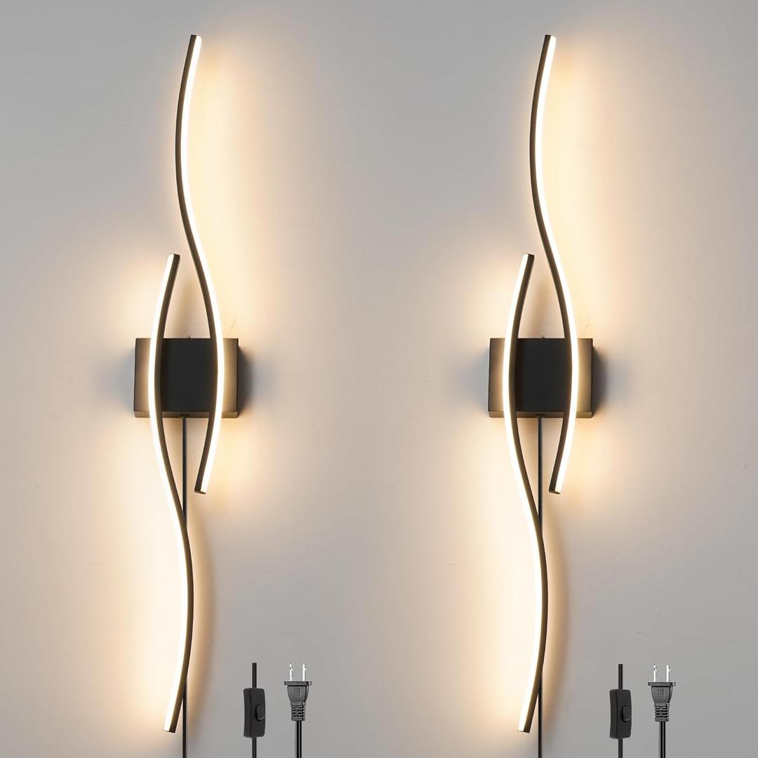 Modern Plug in Wall Sconces Set of Two, RC Dimmable LED Plug in Wall Light, Black Sconce Wall Lighting for Living Room, Hallway, Bedroom