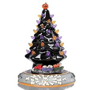 Halloween Decorations, Village House Figurine with Musical Electric Train and Multi-Color LED Light Skull Ghost Collectible Halloween Buildings Statues for Party Indoor Decor