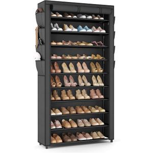 VTRIN Tall Shoe Rack with Cover, 10 Tier Shoe Organizer Storage for 50-55 Pairs Shoes and Boots Large Capacity Shoe Shelf with 8 Pockets Free Standing Shoe Rack for Closet, Entryway, Garage