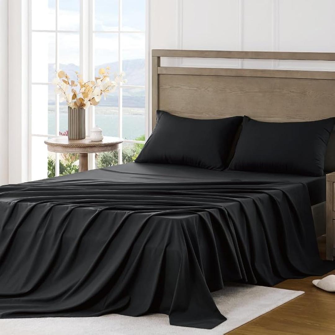 FreshCulture King Sheet Set - Ultra Soft Sheets for King Size Bed - Brushed Microfiber - Deep Pockets - Easy Care - Cooling & Breathable Sheets - 4 Pieces Hotel Luxury King Bed Sheets (Black)
