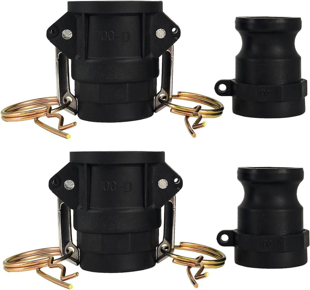 Camlock Fittings 1 Inch Type A & D Polypropylene Cam and Groove Hose Fitting Kit with 1" Female & Male Camlock x 1" Shank (Hose Barb), Cam and Groove Hose Couplings (2 Sets/ 4 Pcs)