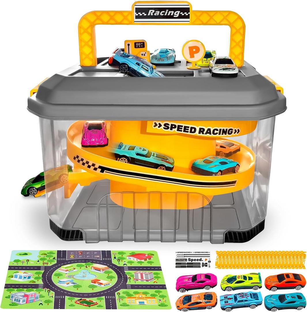 Toy Car Track Storage Playset - Car Toys Race Set Including 12 Diecast Cars, PlayMat, Race Tracks, Car Ramp, Kids Birthday Gift Toys for 2 3 4 5 Year Old Boys 1-3 2-4 Toddlers, Medium to Large
