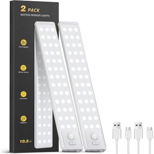 Under Cabinet Lighting - 10.5" Motion Sensor Light Indoor, Magnetic Wireless Closet Lights, Dimmable Led Night Light, Rechargeable Under Counter Lights for Kitchen, Bedroom, Stair, 2 Pack