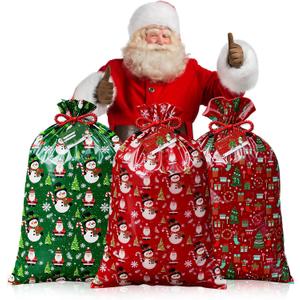 Large Christmas Gift Bags 56x36" Oversized - 3 Pack Holiday Gift Wrap with Tag & Rope - Upgraded Thicker Plastic Material for Wrapping Big Presents Xmas Party (red and green 293)