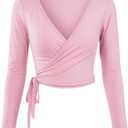 Women Ballet Pilates Wrap Tops Long Sleeve Tie Front Crop Shirts Y2K Dance Workout Yoga Going Out Tops (Pink, M)