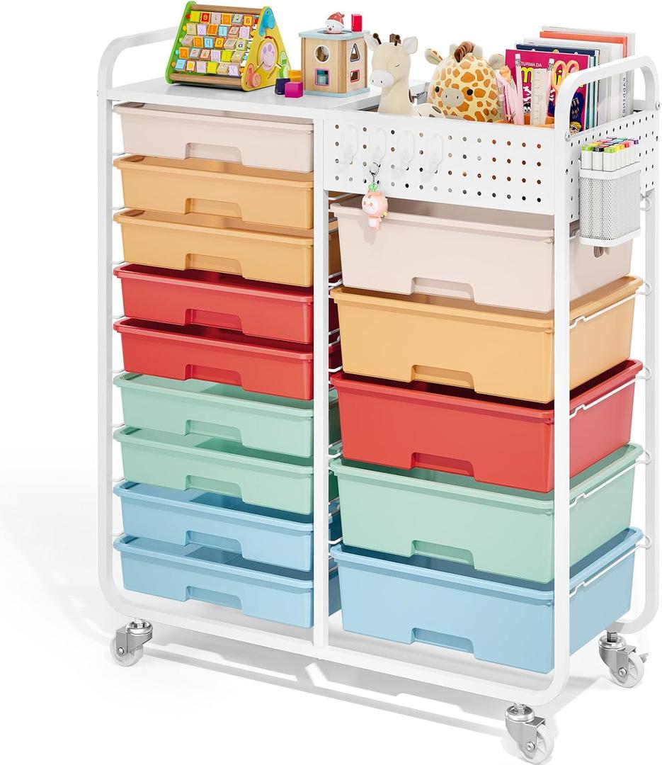 Rolling Storage Cart with 14 Drawers, Storage Organizer Cart with Tabletop and Pegboard,Utility Cart for Living Room, Classroom, Bedroom,Bathroom,Dorm,Office (Rainbow)