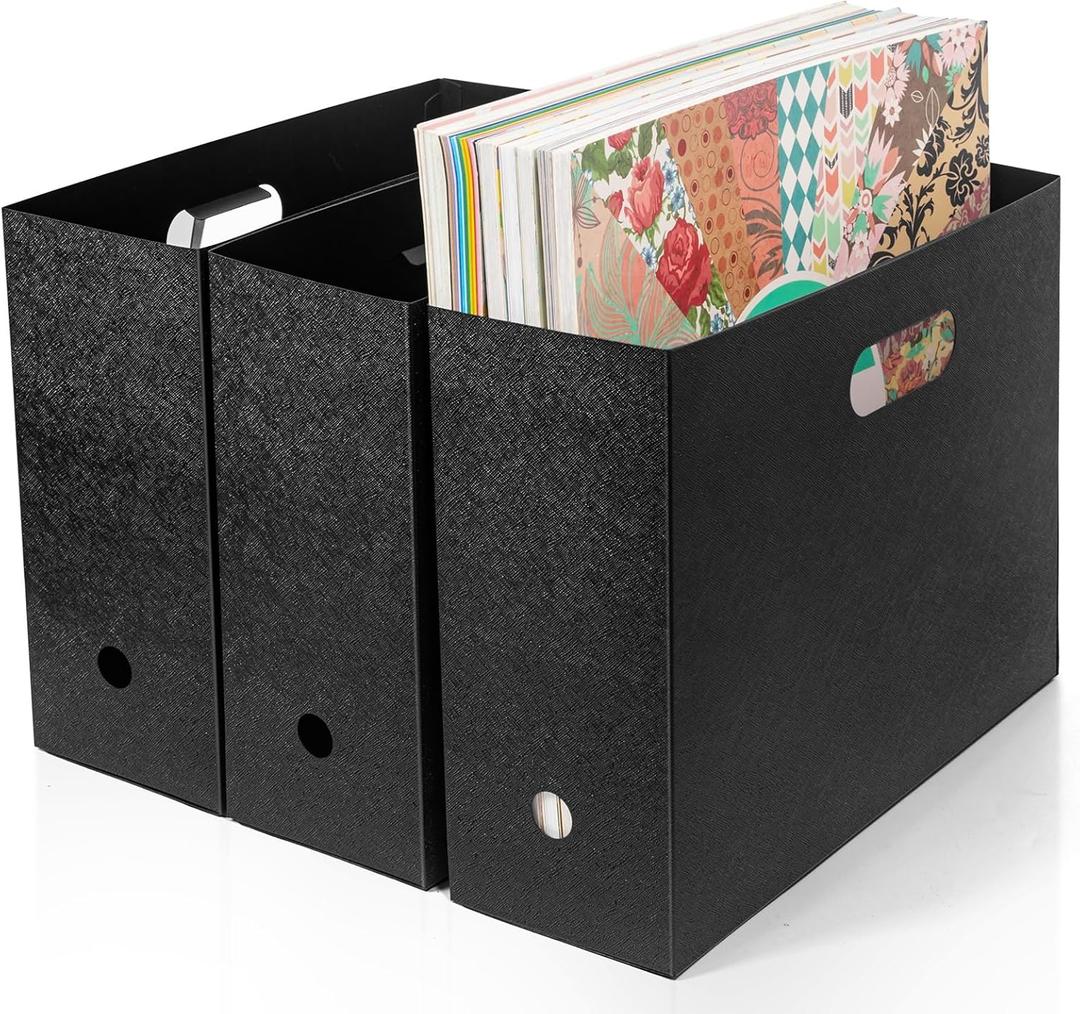 Foldable Scrapbook Paper Storage Organizer, 12x12 Scrapbook Paper Storage, Plastic File Organizer, Black, 3 Pack