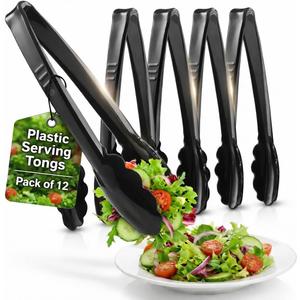 Plastic Tongs for Serving (Pack of 12) 9 Inch - Heavy-Duty Hard Plastic Reusable or Disposable Serving Tongs for Catering, Dinner Parties, Banquets, Buffets, Events, Weddings and Everyday Use, Black