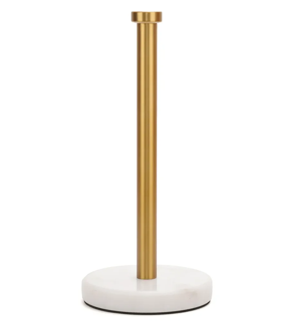 Gold Paper Towel Holder Countertop with Heavy Weighted Marble Base, Papertowel Holder for Kitchen Bathroom, Modern Decorative Standing Paper Towel Roll Holders (Brushed Gold, White Natural Marble)