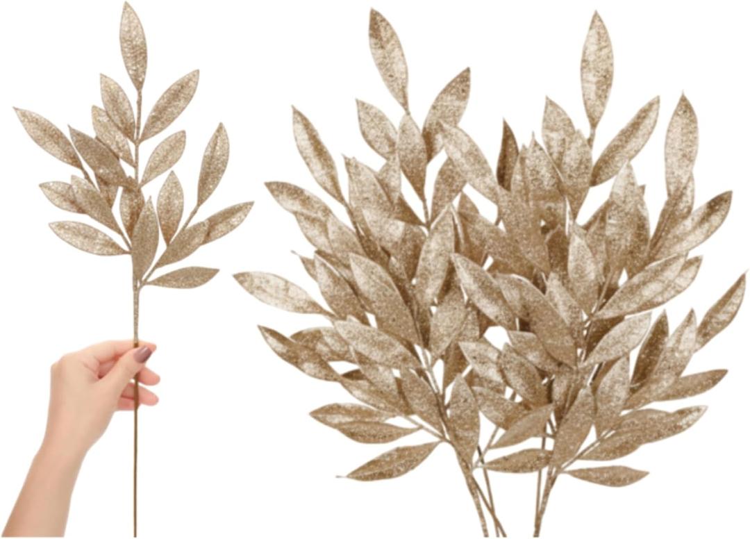 Solsew 9 Pack Champagne Christmas Tree Picks, 23.6 Inches Christmas Glitter Picks Ornaments for Tree Artificial Rosemary Leaves Stem DIY Xmas Wreaths Centerpieces Holiday and Home Decor