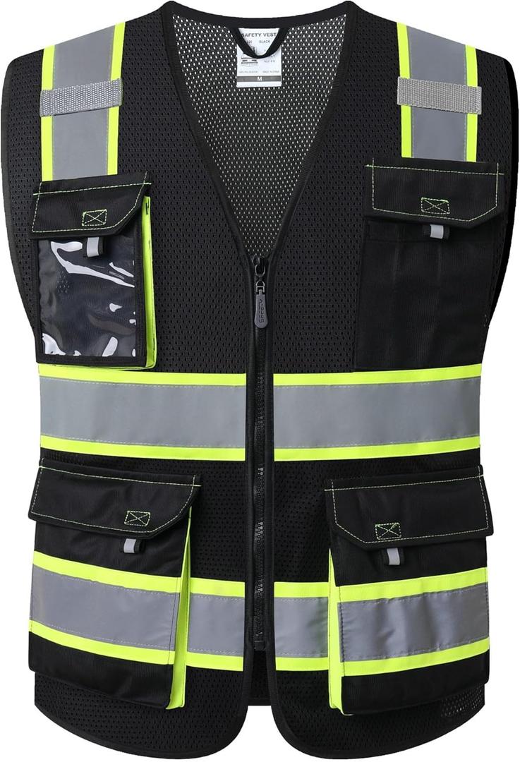 JKSafety Hi Vis Reflective Safety Vests for Men Women High Visibility Vest with Pockets Mesh Fabric Construction Safety Apparel Neon Vest for Work (220-Black, S) 