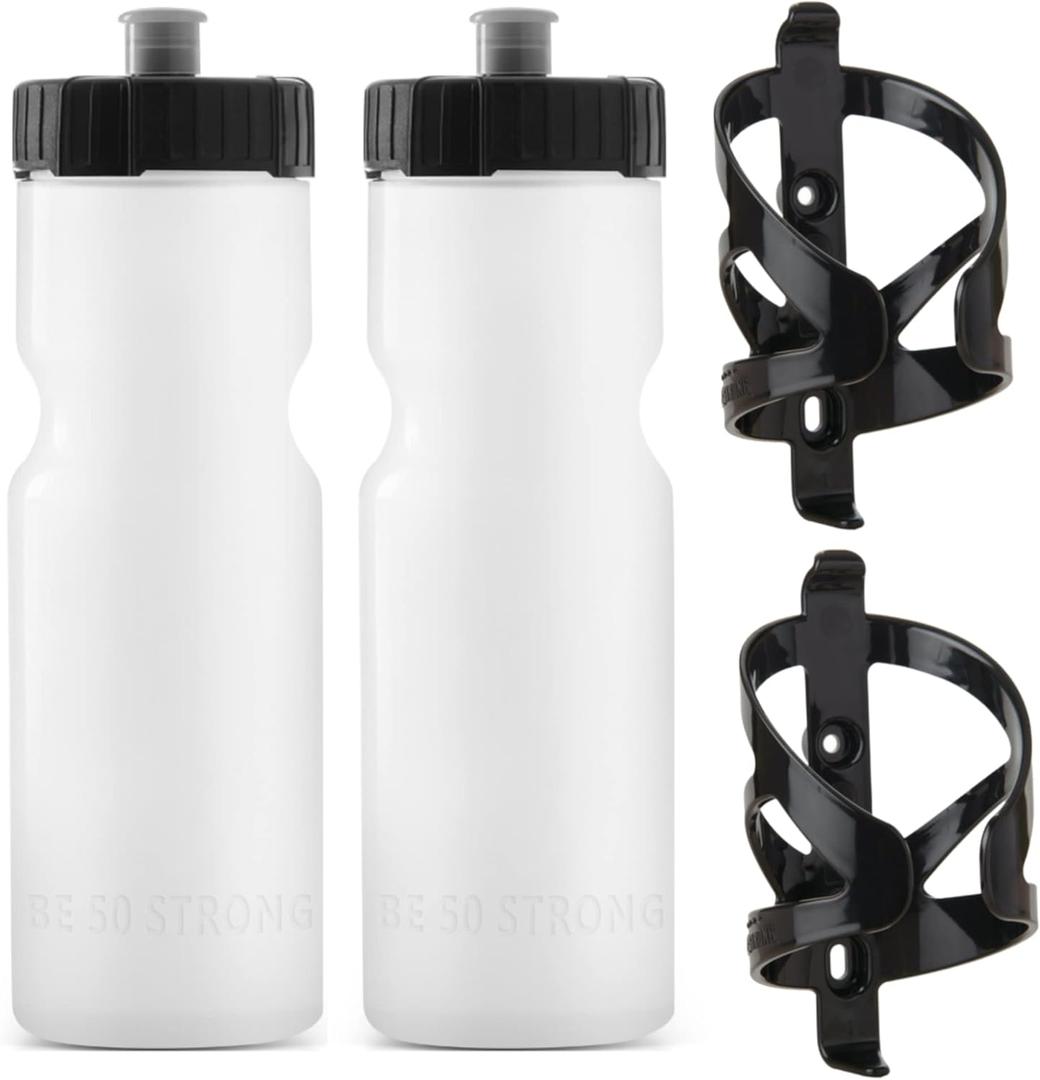Bike Water Bottle Holder & Bottle Combo  2-Pack 22 oz Sports Squeeze Bottles with Pull Top Cap & Easy-Install Bike Cage  Made in USA  50 Strong Brand