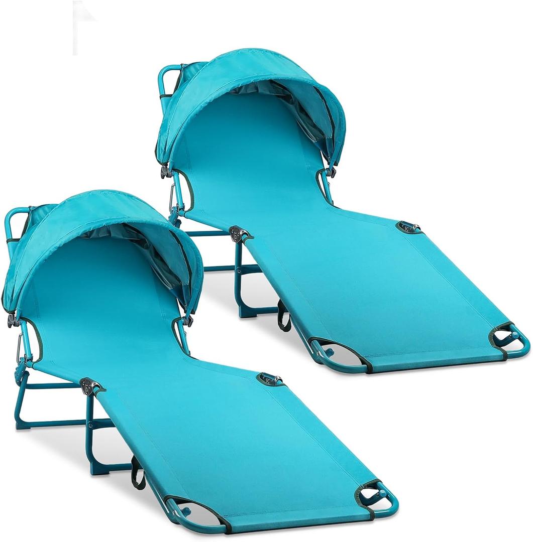Colorsoul 2 Pack Tanning Chair with Sun Canopy,Adjustable 4-Position Beach Lounge Chair for Adults,Heavy Duty Folding Outdoor Lounge Chair,for Patio Poolside Sunbathing,UPF 50+,300 LBS,Blue, 79 inches x 22 inches x 10.26 inches