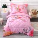 Wowelife Unicorn Toddler Bedding Set for Girls, Pink Rainbow Floral Toddler Comforter Set Stars Kids Bed in A Bag with Comforter, Flat Sheet, Fitted Sheet and Pillowcase, Pink