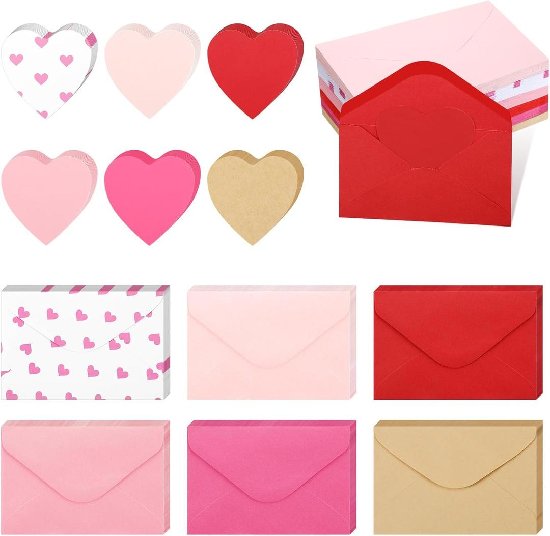 Cholemy 240 Pcs Valentines Day Heart Cards with Envelopes Blank Colorful Heart Shaped Greeting Cards Paper Cutouts for Valentines Party Gift Exchange Anniversary Weddings(Pink Series)