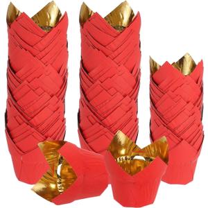 Uxcell 100 Pcs Tulip Baking Cups Cupcake Muffins Liners Aluminum Foil Paper Greaseproof Wrappers for Weddings Birthday Party Festivals Christmas, Gold/Red