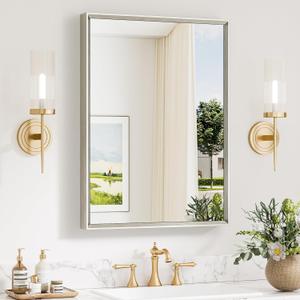 Keonjinn 22 x 30 Inch Brushed Nickel Bathroom Mirrors for Over Sink, Beveled Rectangle Framed Mirrors for Wall, Farmhouse Bathroom Vanity Mirror, Tempered Glass, Square Corner