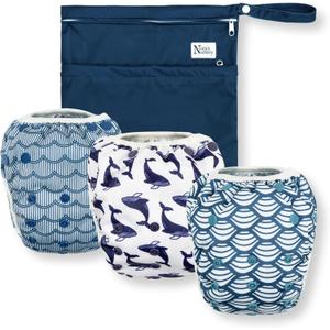 Nora's Nursery Reusable Swim Diapers and Wet Bag - One Size Fully Adjustable - Big Splash Unisex 3 Pack with Wet Bag