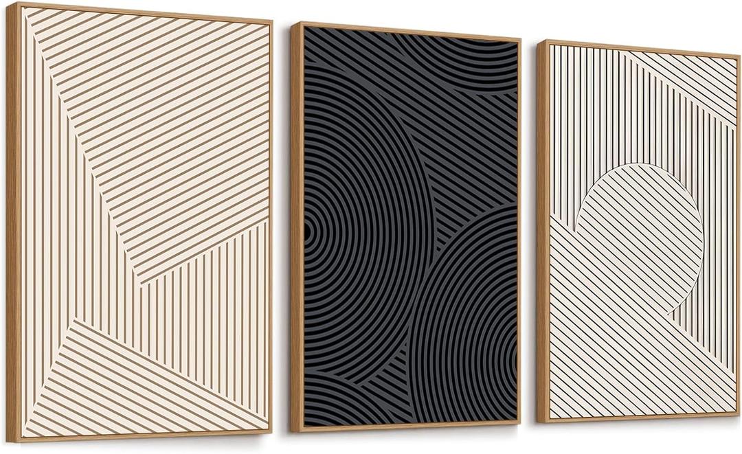 FDYCKVIP Neutral Modern Line Framed Canvas Wall Art Set of 3, 16"x24" Large Abstract Art Wall Decor for Living Room, Beige and Black Boho Art Print for Bedroom Home Office (16"x24" Modern Wall Art)