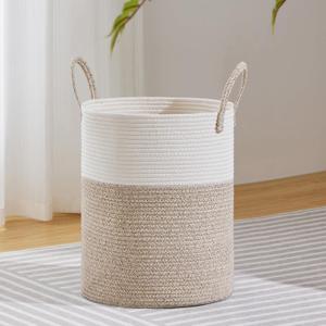 VIPOSCO Large Laundry Hamper, Tall Woven Rope Storage Basket for Blanket, Toys, Dirty Clothes in Living Room, Bathroom, Bedroom - 53L White & Brown