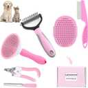 Dog Brush Dog Grooming Kit 6PCS Dog Brush for Shedding-Dog Brushes for Grooming, Dematting Comb for Dogs, Cat & Dog Nail Clipper with Nail File, Flea Comb, Dog Bath Brush-Pink