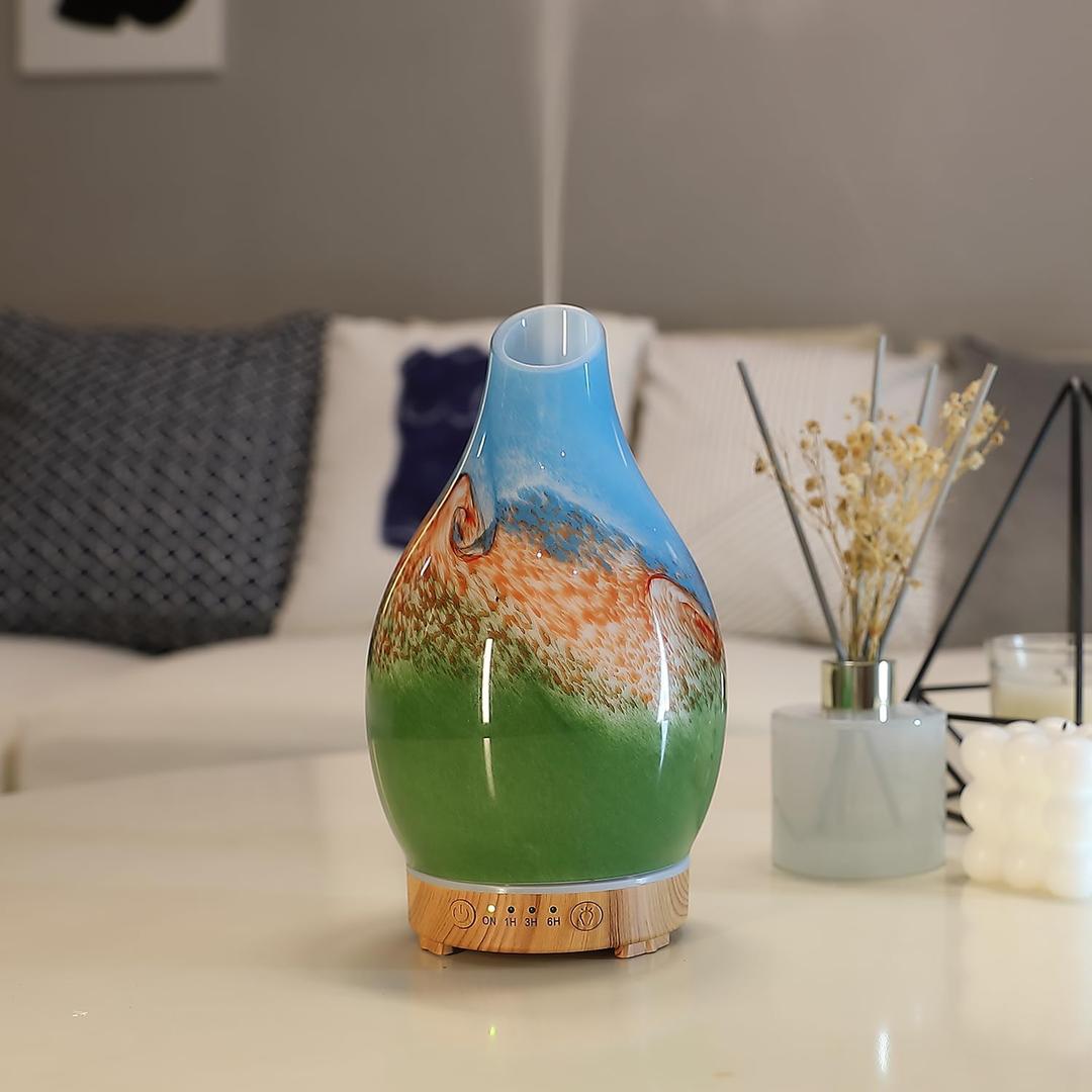 Vase Aroma Essential Oil Diffuser 160ml Art Glass Ultrasonic Cool Mist Scent Aroma Diffuser, Intermittent with Auto Shut-Off Timer Setting &7 Colors Night Light for Home-Ends of The Earth