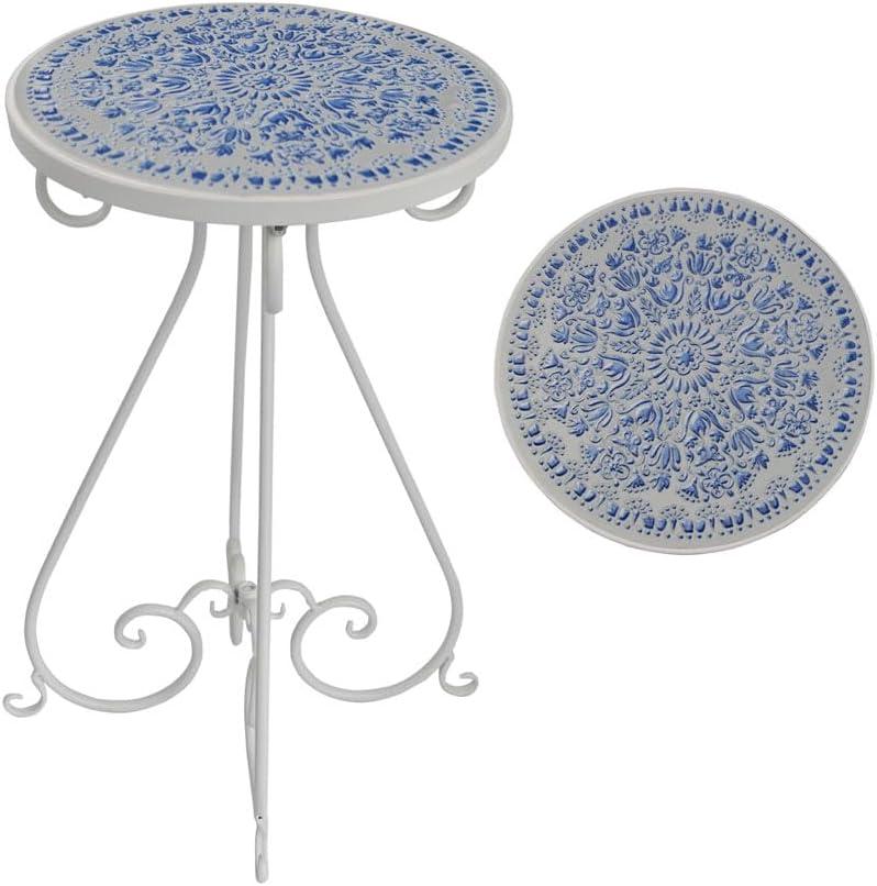 Vintage Outdoor Side Table Round Mosaic Ceramic Tile Top 14" Diameter Metal Plant Stand for Flower Pots Vase Garden Home Porch Pool Indoor Decor Weather Resistant Outside Patio Accent End Furniture, 14" X 14" X 21"