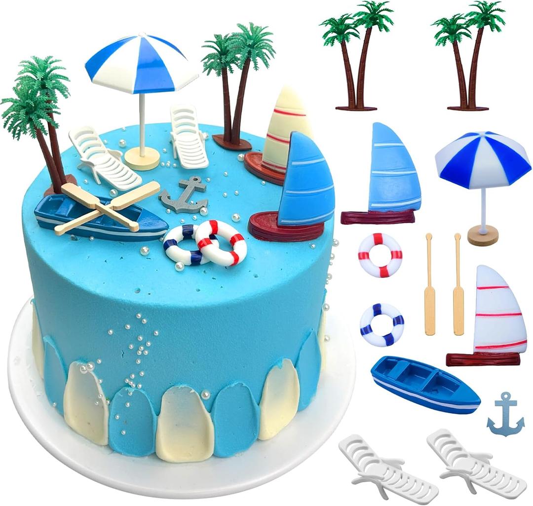 Beach Cake Topper 13Pcs Hawaiian Cake Toppers Decoration Summer Ocean Cake Topper Beach Chair Umbrella Boat Palm Tree Cakes Topper for Tropical Aloha Pool Birthday Wedding Baby Shower Party