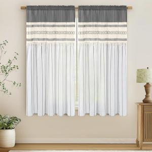 FRAMICS Linen Curtains for Living Room Grey Striped Window Curtain Farmhouse Curtains for Bedroom Boho Crochet Drapes 63 Inch Length 2 Panels Set Light Filtering Drapes Rod Pocket Window Treatment